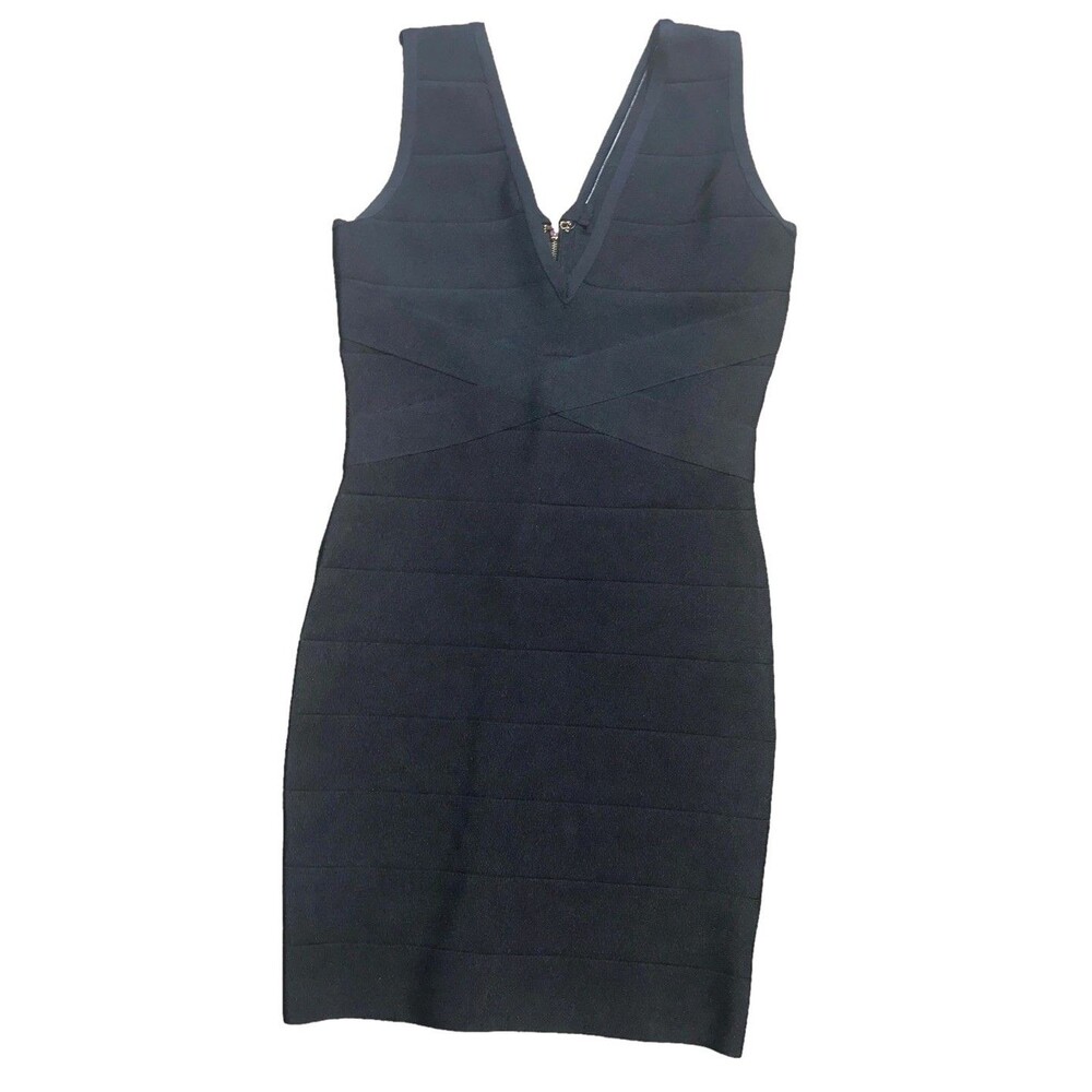 Bebe Black Bandage Bodycon Dress S Small V Neck Zip Back Cocktail LBD Party
